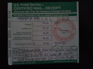 Thông Báo và Mời Tham Dự   Các cộng đồng Tị Nạn Cộng Sản tại Hoa Kỳ, Canada, Úc, và Âu Châu Các Cơ Quan Báo Chí, Truyền Thanh Truyền Hình của CĐ NVHN  Đại diện các hãng thông tấn AFP, Times, CNN, VOA, FOX 5 News, RFI, RFA, Reuters, Washington Post, NY Times...  (*) Biên nhận của Thư bảo đảm Certified Mail đã gởi ngày 6.2.2013