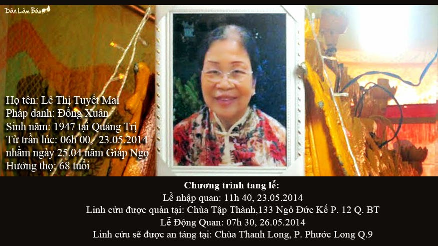 Di ảnh bà Lê Thị Tuyết Mai, nữ phật tử thuộc GHPGVNTN đã tự thiêu trước Dinh Độc Lập (Ảnh gửi bởi Nhà báo Trương Minh Đức)